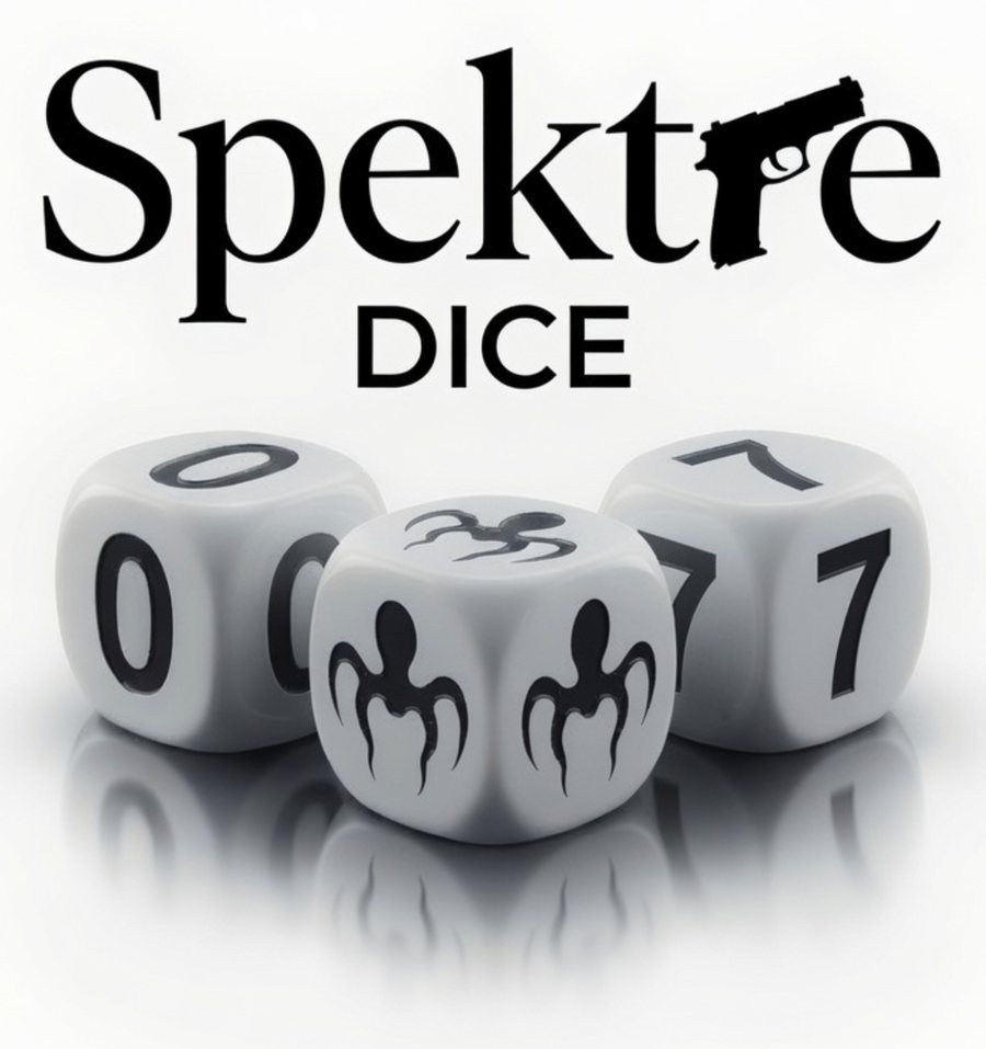Spektre Dice — three dice showing 0, 7, and the Spektre mark